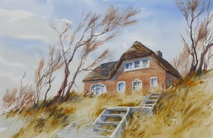 Haus malen lernen, Aquarell Malkurs 2016 Werk: Kristina Jurick Aquarellmalerei von Kristina Jurick, die ein Haus abbildet.