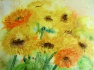 Zuschauertipp "Sonnenblumen" Foto: U. Bantin Aquarellmalerei, die Sonnenblumen abbildet.