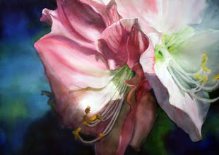 Eine rosa Blume vor einem dunklen Hintergrund, gemalt von Anke Gruss.