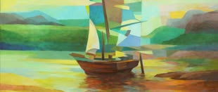 Malen lernen, Malkurs, Werk: Bernd Finkenwirth Werk von Bernd Finkenwirth zeigt ein Schiff auf dem Wasser. Im Hintergrund sind Wiesen zu erkennen.