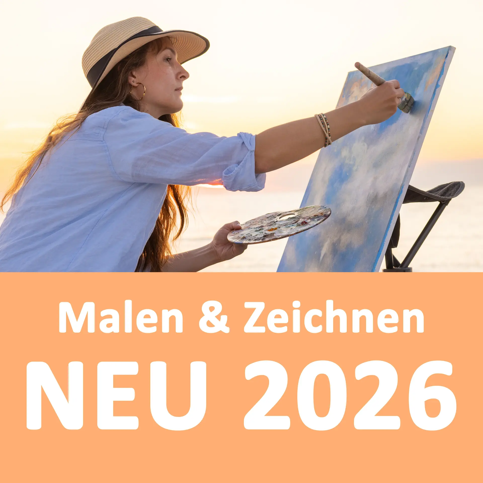 Eine Frau malt etwas auf eine Leinwand draußen am Meer, sie trägt einen Hut, darunter steht vor einem orangenen Balken: Malen & Zeichnen Neu 2026