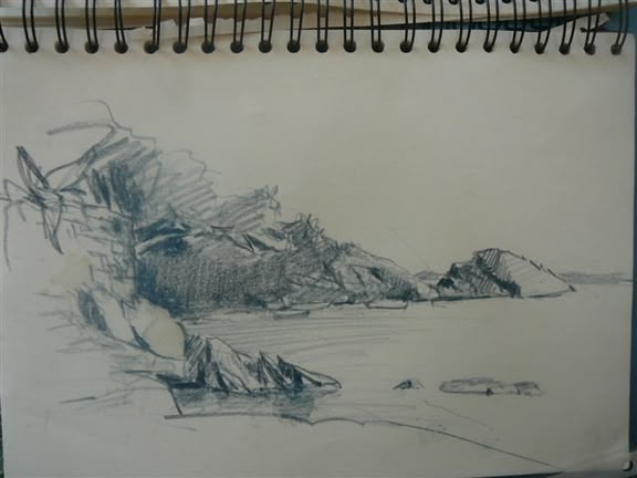 Landschaft zeichnen lernen - Werk: Gerhard Ruhland Skizze von Gerhard Ruhland, die Felsen am Wasser darstellt.