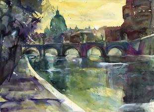 Spiegelungen Aquarell malen lernen, Wasser, Werk: Jutta Höfs Ein Aquarellbild von Jutta Höfs, das eine Aussicht aus der Stadt Rom veranschaulicht.