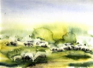 Schafe malen lernen Aquarell Malkurs - Werk: Max Struwe Aquarellmalerei, die Schafe auf einer Wiese abbildet, dargestellt von Max Struwe.