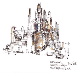 Plein Air Malerei in Aquarell von Felix Scheinberger. Das Bild zeigt eine skizzierte Fabrik.