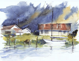 Malen lernen, Malkurs Werk: Ulrike Walther Bild im Aquarellstil, das von Ulrike Walther gemalt wurde und ein Häuser an einem See abbildet.