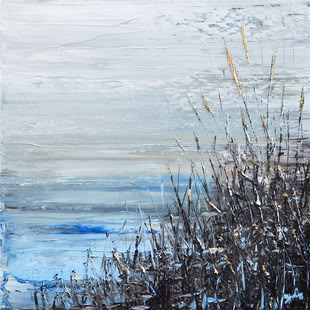Eine Acrylmalerei von Mario Müller, die ein Gewächs abbildet, das sich vor einem See befindet. 