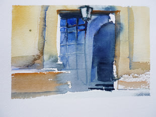 Aquarell malen lernen, Malkurs, Werk: Gerhard Ruhland Aquarellmalerei einer Eingangstür zu einem Gebäude. Das Werk entstand durch Gerhard Ruhland.