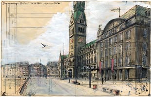 zeichnen lernen - Werk: Andreas Noßmann Skizze von Andreas Noßmann, die eine Ansicht auf eine Straße widerspiegelt.