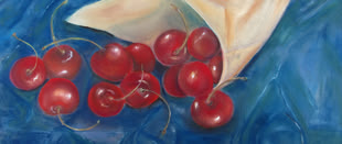 Auf blauem Hintergrund werden Kirschen im realistischen Stil gemalt. Die Pastellmalerei entstand durch Brigitte Guhle.