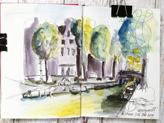 Aquarell malen lernen, Malkurs Werk: Alexa Dilla "Amsterdam" Aquarellmalerei von Alexa Dilla, repräsentiert eine Straße in Amsterdam.