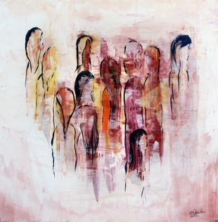 Eine abstrakte Acrylmalerei, die auf einem hellen Hintergrund Körper andeutet, die sich alle in verschiedene Richtungen wenden.