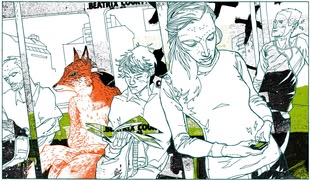 Comictiere zeichnen lernen, Kreativurlaub, Werk: Dieter Jüdt Grafische Darstellung von Dieter Jüdt, einer Szenerie in einem Bus.