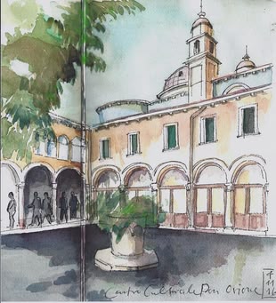 Eine Skizze von Peter Koch, die einen Teil des Kulturzentrums “Centro Culturale Don Orione Artigianelli” abbildet.