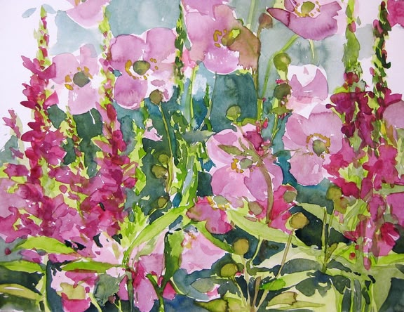Blumen malen lernen Aquarell Malkurs - Werk: Sonja Jannichsen Aquarellmalerei von verschiedenen Blumen, die hauptsächlich in Grün- und Magenta-Tönen gehalten sind. Das Bild wurde von Sonja Jannichsen angefertigt.