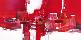 Abstraktes Acrylbild, das hauptsächlich in rot gehalten ist, von Katrin Freudenberger.