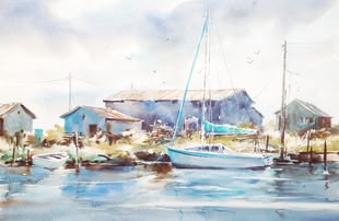 zeichnen lernen - Werk: Kristina Jurick Aquarellmalerei eines Ortes am Wasser von Kristina Jurick.