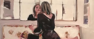 gemaltes Bild von Helga Zumstein, das eine Frau zeigt, die in den Spiegel blickt und Lippenstift aufträgt.