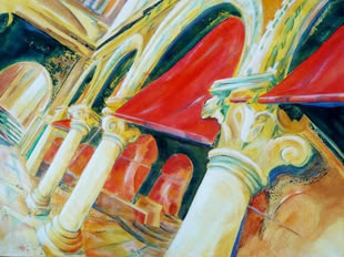 Werk von Gabriele Templin-Kirz, in dem der Innenraum eines Gebäudes dargestellt wird.