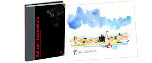 Auf der linken Seite befindet sich ein Bild des in schwarz gehaltenes Buches auf dem in roter Schrift der Titel “Mut zum Skizzenbuch - Zeichnen & Skizzieren unterwegs” gedruckt ist und in der Ecke ist eine Karikatur abgebildet, die eine Person darstellt, die dabei ist etwas auf einem Blattpapier zu schreiben. Auf der linken Hälfte ist eine Seite aus dem Buch von Felix Scheinberger abgebildet, die ein von ihm aquarelliertes Werk veranschaulicht, das einen See an einer bergischen Landschaft widerspiegelt.