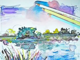 Ein Werk von Sebastian Gothe, das eine Landschaft an einem See widerspiegelt.