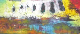 Ein abstraktes Acrylwerk von Ines Kollar, das verschiedene Strukturen und Techniken aufweist. 