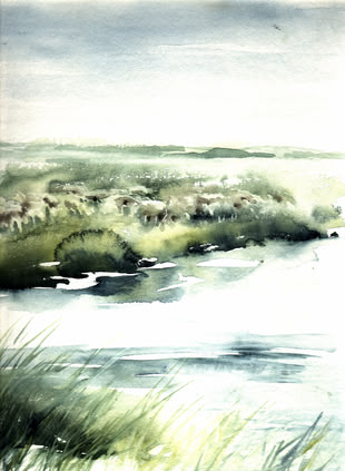 Aquarellierte Plein Air Malerei von Max Struwe eines Sees.
