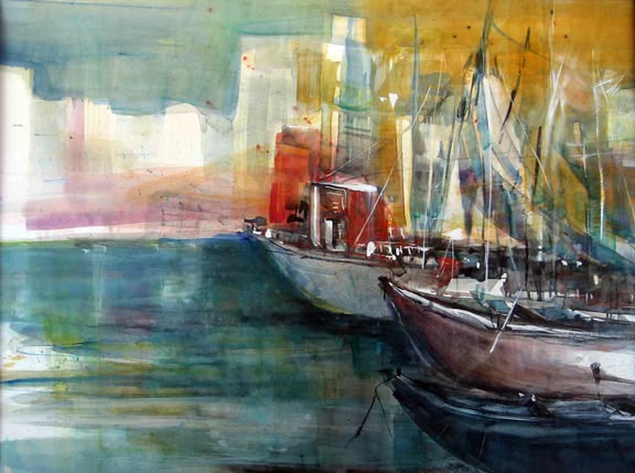 Aquarell malen lernen, Malkurs, Kreativurlaub, Werk: Gudrun Schmitt Ein von Gudrun Schmitt aquarelliertes Bild, das zwei Boote auf dem Wasser veranschaulicht.