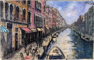zeichnen lernen - Werk: Andreas Noßmann Skizze von Andreas Noßmann, die eine Ansicht auf eine belebte Straße in Venedig widerspiegelt.