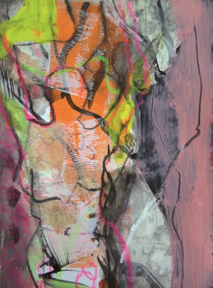 Ein abstraktes Acrylmalerei von Angelika Biber, das Elemente des Shabby-Effektes aufweist.