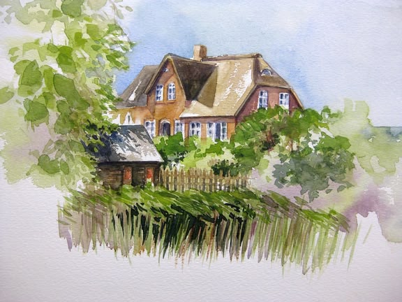 Häuser malen Landschaft malen lernen, Aquarell - Werk: Sonja Jannichsen Ein Aquarellbild eines Hauses im Grünen, dargestellt von Sonja Jannichsen.