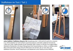 Malen und Zeichnen lernen Staffeleien Test, Foto: artistravel Drei Bilder, die den Prozess des Aufbaus einer Staffeleien verdeutlichen.