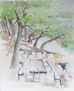 Aquarell malen lernen, Malkurs, Werk: Franz Schwarz Aquarellmalerei von Franz Schwarz, in der mehrere Sitzmöglichkeiten unter Bäumen an einem See dargestellt werden.