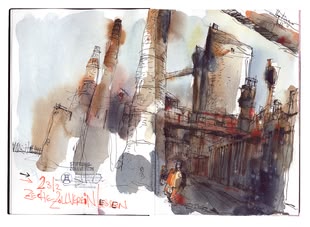 zeichnen lernen - Werk: Felix Scheinberger Ein Urban Sketching-Werk in Aquarell von Felix Scheinberger, das die Zeche Zollverein aus einem Winkel veranschaulicht.
