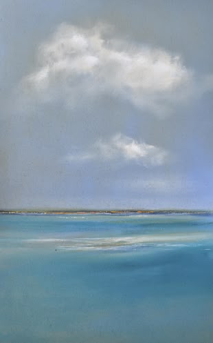 Ein Acrylbild von Hinrich Schüler, das Wolken über dem Wasser widerspiegelt.