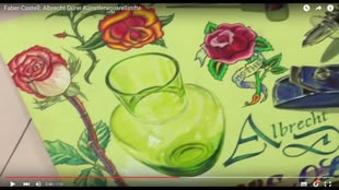 Malen und Zeichnen lernen, Zeichenkurs Künstleraquarellstifte, Werk: Faber Castell Screenshot aus dem unten angegebenen Youtube Video, in dem die Faber-Castell “Albrecht Dürer” Künstleraquarellstifte vorgeführt werden.