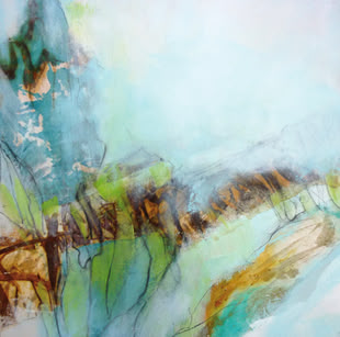 Eine abstrakte Acrylmalerei von Angelika Biber, die verschiedene Texturen aufweist.