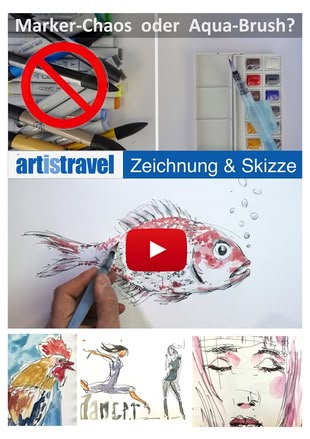 Eine Collage mit Bildern von Markern und einem Aqua-Brush sowie Sketching-Werken.