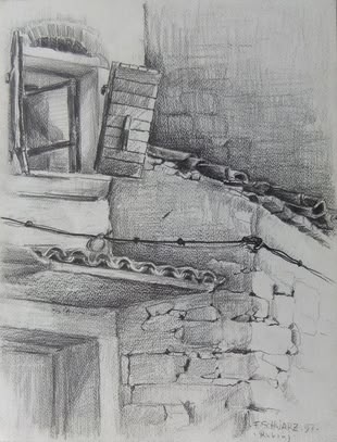 zeichnen lernen - Werk: Franz Schwarz Skizze von Franz Schwarz, die eine Hauswand detailreich repräsentiert.