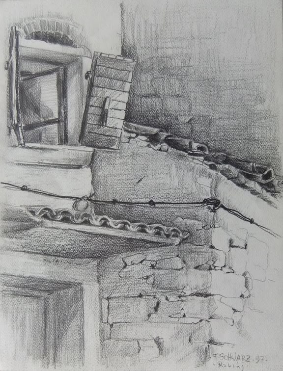zeichnen lernen - Werk: Franz Schwarz Skizze von Franz Schwarz, die eine Hauswand detailreich repräsentiert.