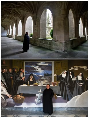Eine Collage, bestehend aus zwei Fotos, die einen Mönch in einem Kloster abbilden.