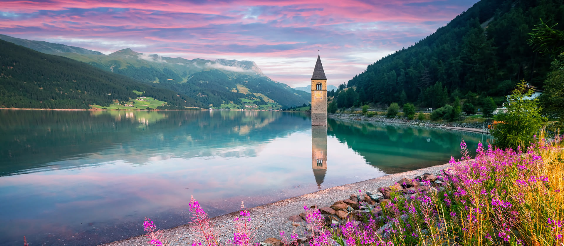 Südtirol nahe Schloss Goldrain Bild in Morgenstimmung mit Pinken Wolken und Blumen versunkene Kirche in Reschensee