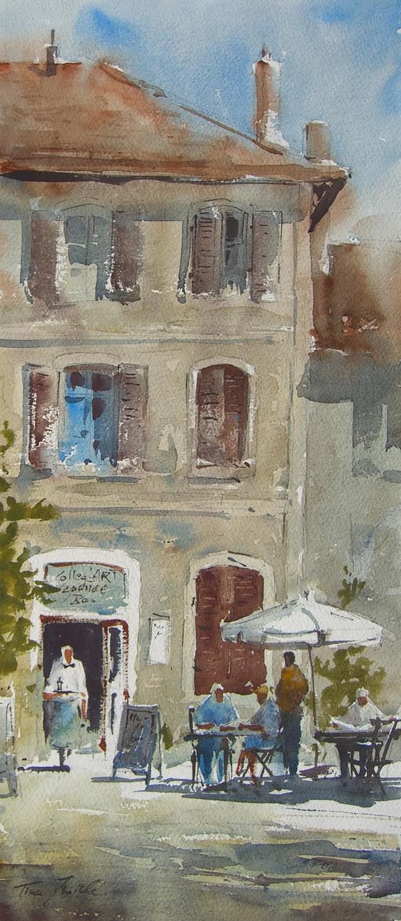 Häuser malen lernen, Aquarell Malkurs, Werk: Kristina Jurick Ein von Kristina Jurick angefertigtes Aquarellbild von einem Cafe.