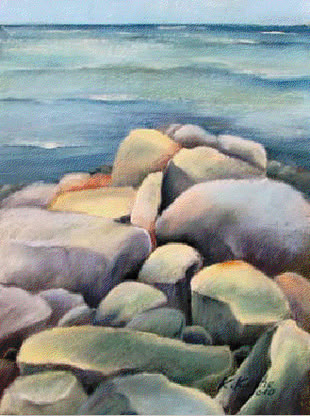 Malen Lernen Werk: Karin Kuthe Fertige Pastellmalerei, die Steine an einem Strand abbildet, gemalt von Karin Kuthe.