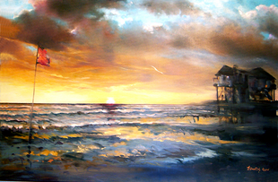 Malen Lernen, Kreativurlaub, Werk: Geert Bordich Werk von Geert Bordich, das einen Sonnenuntergang am Meer zeigt.