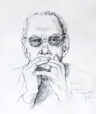 Portrait zeichnen lernen Werk: Brigitte Guhle Ein Werk von Brigitte Guhle, in der sie einen Mann mit Sonnenbrille zeichnerisch darstellt.