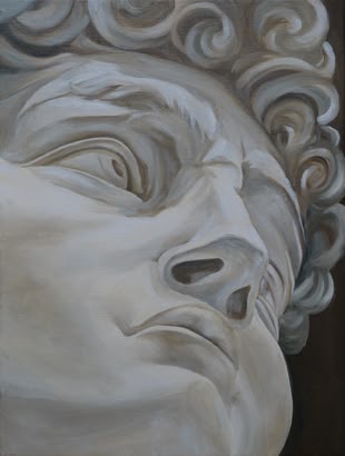 Malen lernen Grisaille Kreativurlaub, Werk: Elena Romazin Ein Acrylbild von Elena Romanzin, das ein Gesicht einer Figur aus dem alten Rom widerspiegelt.