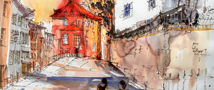 Aquarell malen lernen Hattingen Werk: Tine Klein In warmen Tönen gehaltenes Stadtbild.