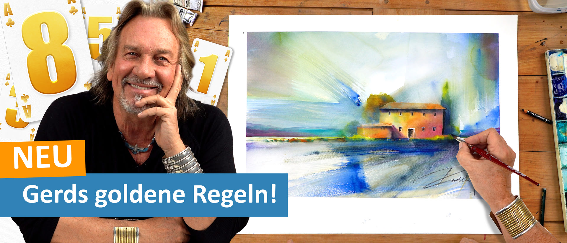 Gerd Ruhland neben einer abstrakten und expressiven Toskanalandschaft. Davor die Schrift: "Neu Gerds goldene Regeln!"