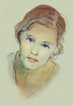 Portrait zeichnen lernen - Werk: Brigitte Guhle Ein gemaltes Portrait von Brigitte Guhle, das eine Frau mit Hilfe von Aquarellfarben veranschaulicht.